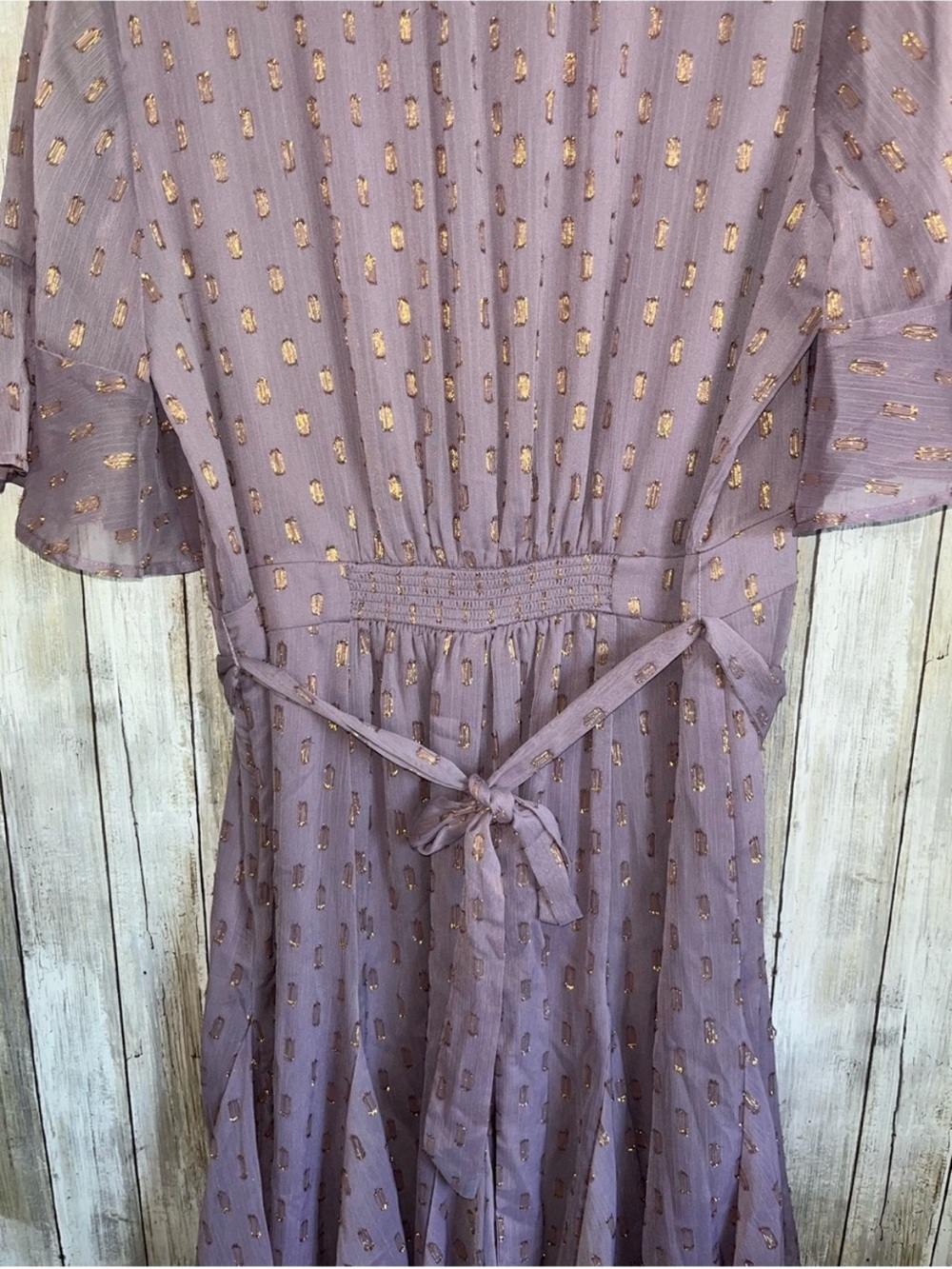 WHBM V-Neck Godet Mini Dress Enchanted Metallic Gold NWT Size 14 - Picture 3 of 7